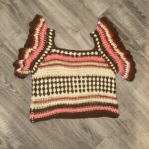 Jacquie The Label Women’s S Crochet Top Brown Pink Cream Boho Bell Sleeve NWT